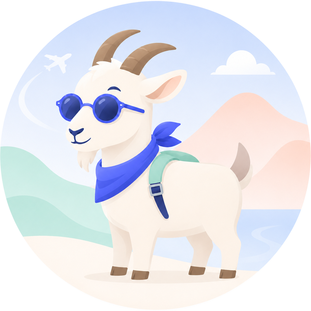 GOAT mascot — a cheerful goat in sunglasses and travel bandana